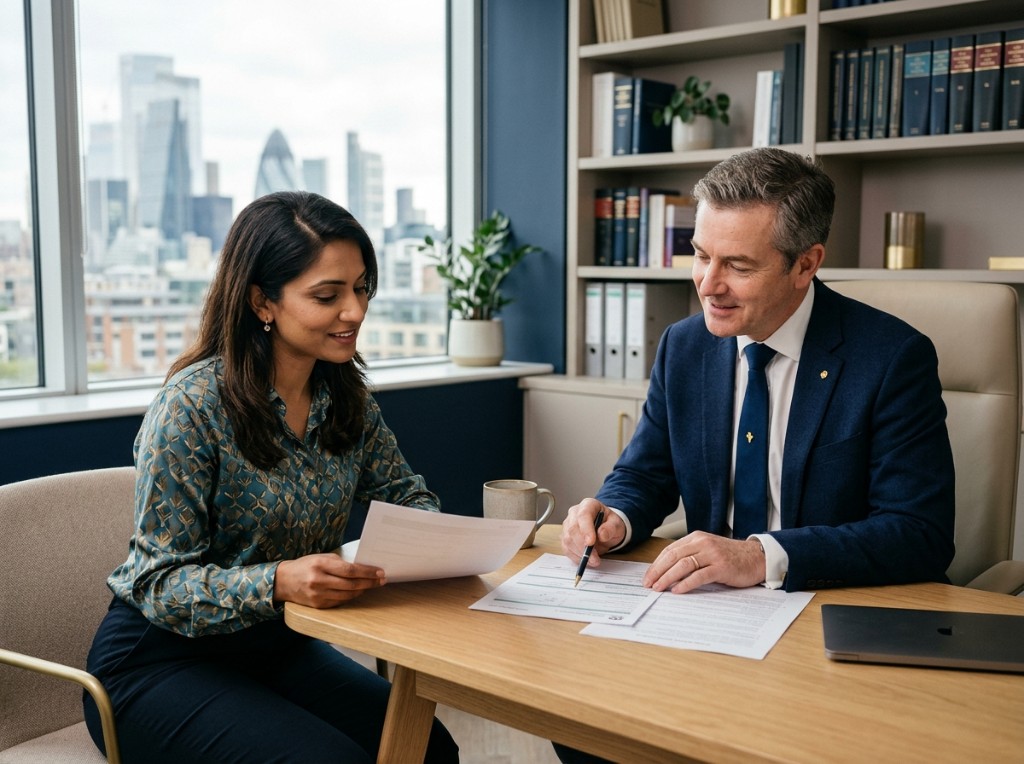 Colindale Law consultation — advisers reviewing documents together in a modern office